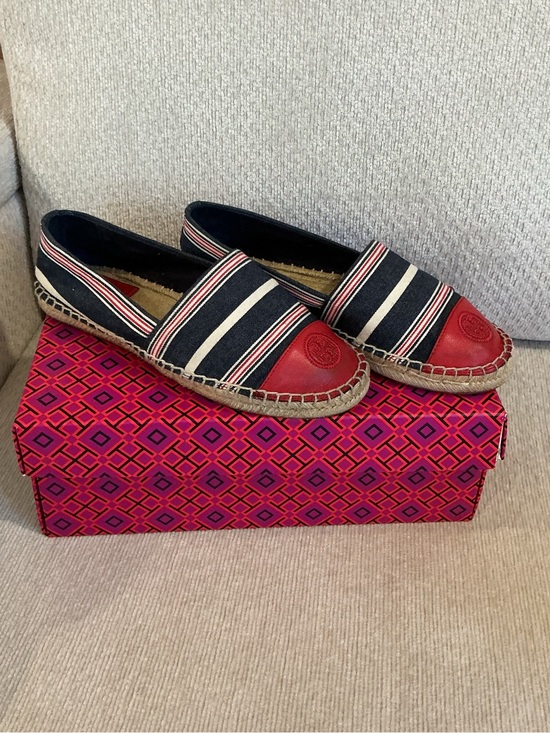 Tory Burch Shoes - Tory Burch Striped Canvas & Leather Cap-Toe Espadrilles